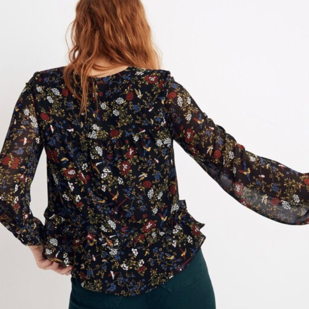 MADEWELL Sheer-Sleeve Ruffle Peplum Top in Finch Floral Sz XL - Picture 2 of 12